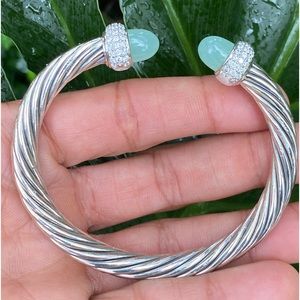 Sterling Twisted Cable 3~Pave Genuine Diamond Chalcedony Stone Tip Cuff Bracelet